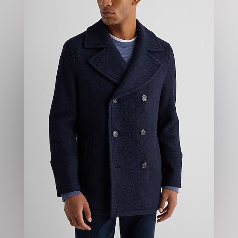 NWT Express Double Breasted Textured Boucle Wool-Blend Peacoat (Navy) - Picture 1 of 9